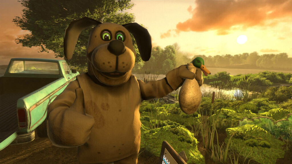 Duck Season wallpaper with costumed dog holding duck against nostalgic sunset countryside background