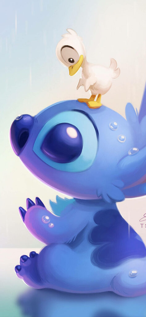 Rainy Day Reflection: A Delightful Duckling Finds Shelter on Stitch 3D's Head Wallpaper