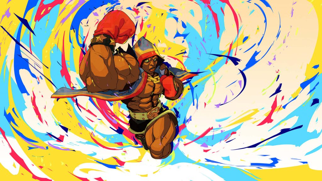 Dudley from Street Fighter delivering a powerful punch with vibrant colorful brushstrokes background Wallpaper