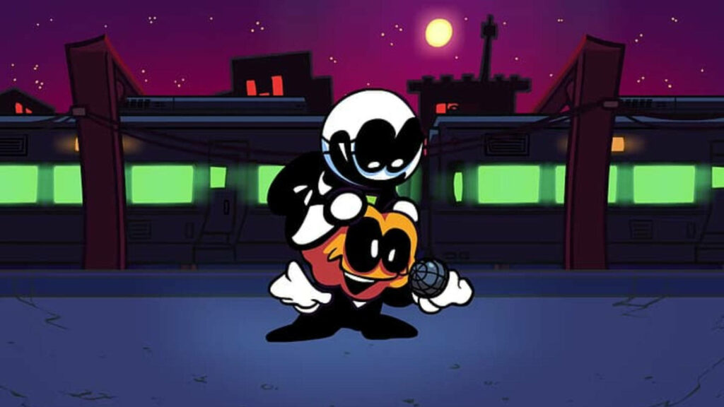 Dynamic Duo: Skid and Pump Strike a Pose in Friday Night Funkin' (FNF) Exciting Background Moment Wallpaper