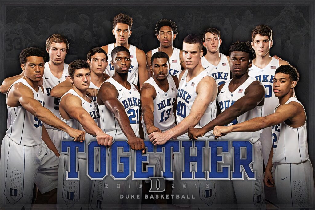 Duke Blue Devils 2015-2016 basketball team united in white blue uniforms with Together text wallpaper