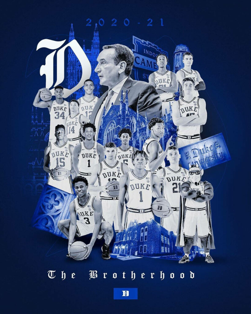 Duke Blue Devils 2020-21 basketball team and coach collage with bold blue white tones and landmarks Wallpaper