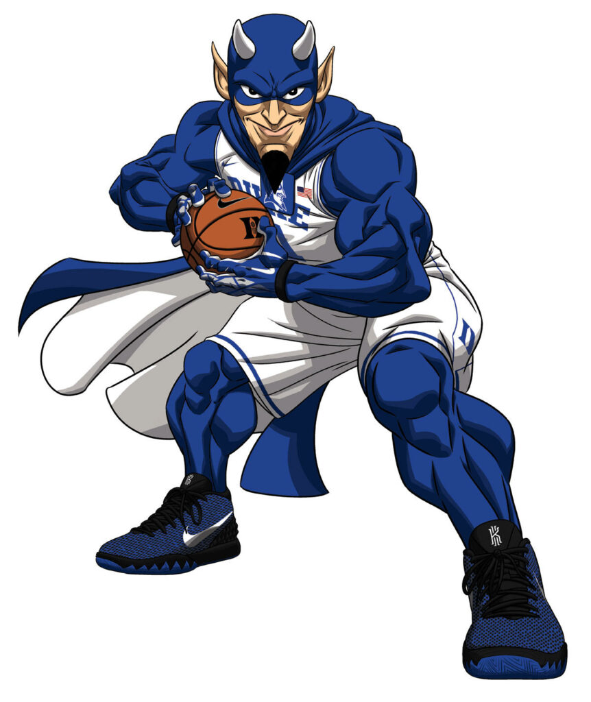Duke Blue Devils basketball character mid-action bold blue white comic style athletic energy Wallpaper