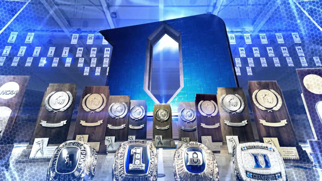 Duke Blue Devils awards and championship rings with iconic emblem on blue background wallpaper