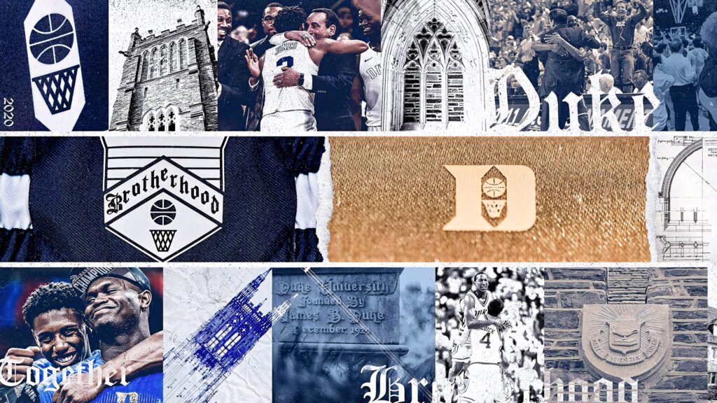 Duke Blue Devils collage wallpaper with vintage chapel basketball players emblems blue white tones