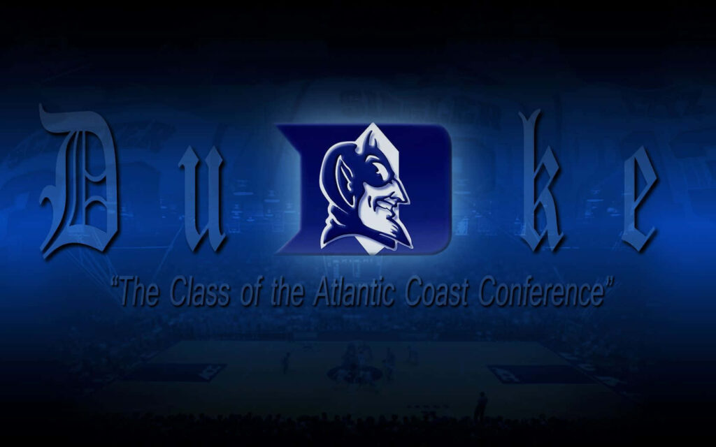 Duke Blue Devils logo with Gothic Duke text on dark basketball court background wallpaper