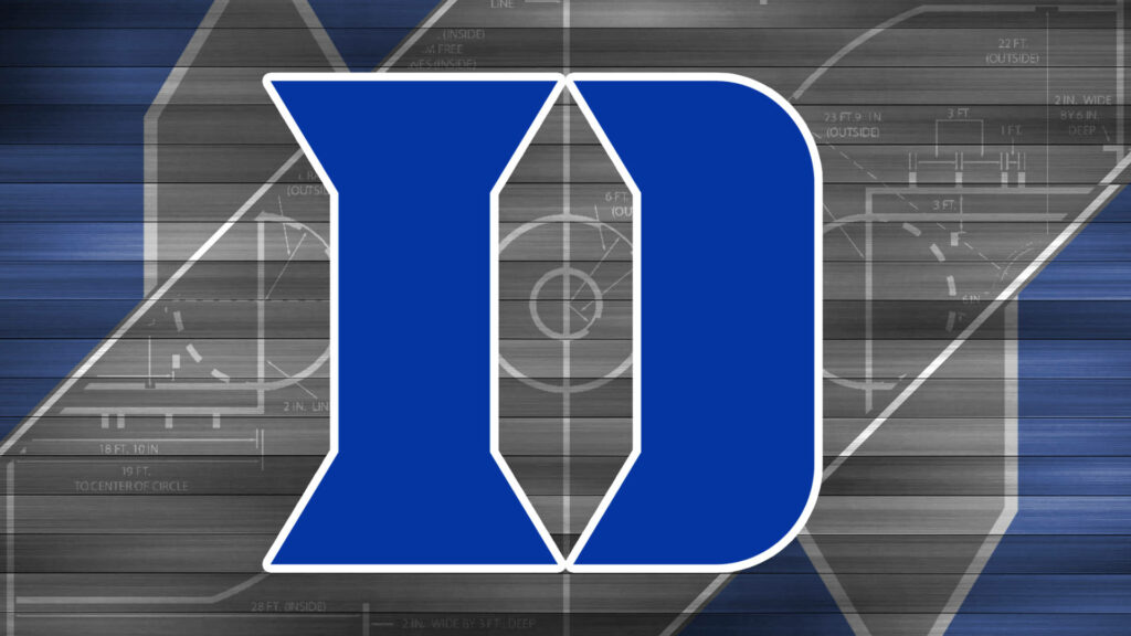 Duke Blue Devils logo on metallic basketball court blueprint background wallpaper design
