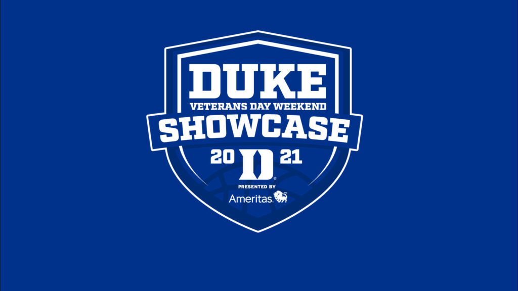 Duke Blue Devils Veterans Day Weekend Showcase 2021 white shield on bold blue wallpaper background