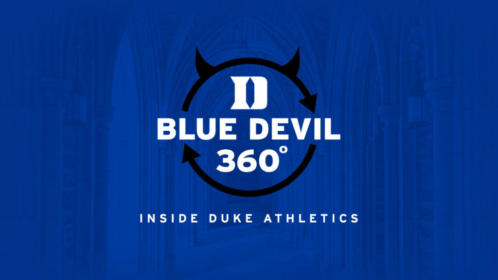 Bold Duke Blue Devils logo wallpaper with circular arrows and architectural details background
