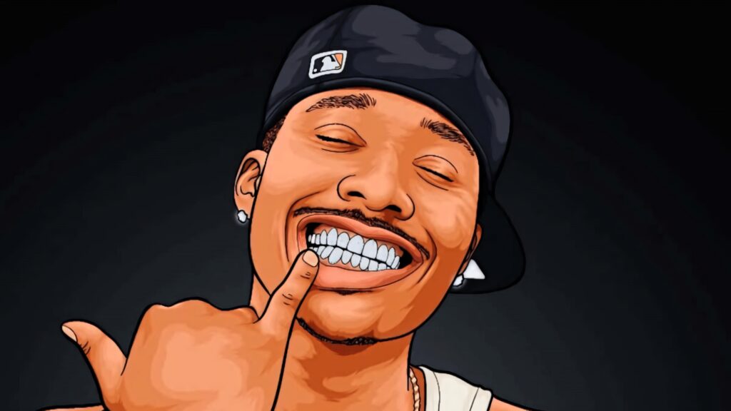 Digital artwork of YouTuber Duke Dennis smiling with grill bold outlines cartoon style wallpaper