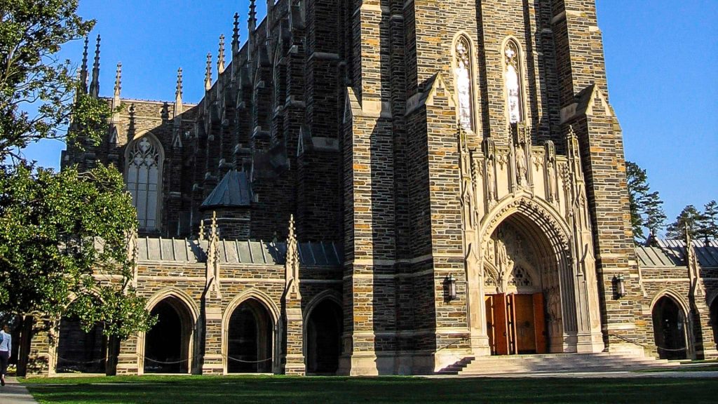 Duke University Chapel Gothic architecture bright sunlight detailed stone masonry wallpaper