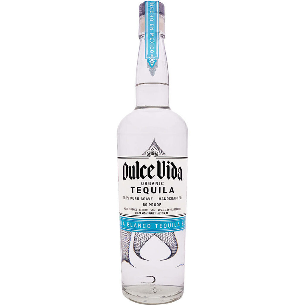 Clear glass bottle of Dulce Vida Organic Tequila Blanco with minimalist label and blue highlights wallpaper