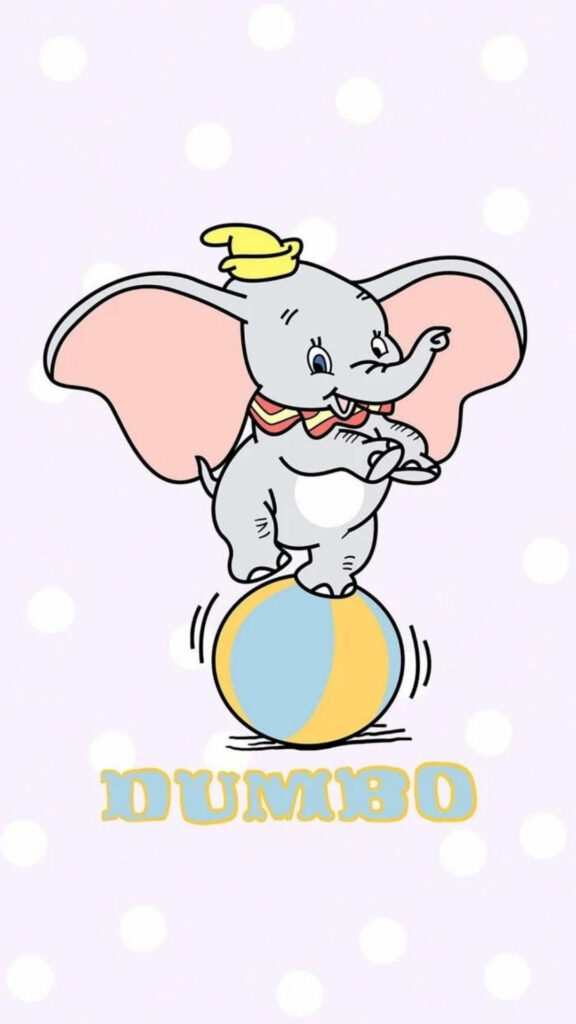 Dumbo the Disney elephant balancing on yellow blue ball pastel polka dot wallpaper background