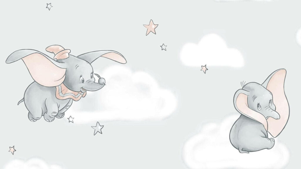 Dumbo elephant wallpaper with flying and sitting Dumbo among pastel clouds and stars with soft tones