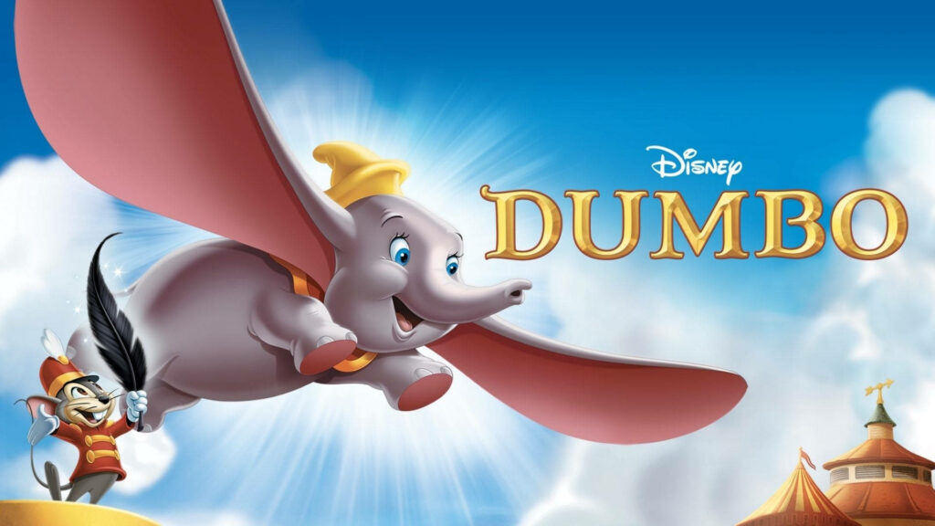 Dumbo flying joyful bright blue sky with Timothy Q Mouse classic Disney circus wallpaper