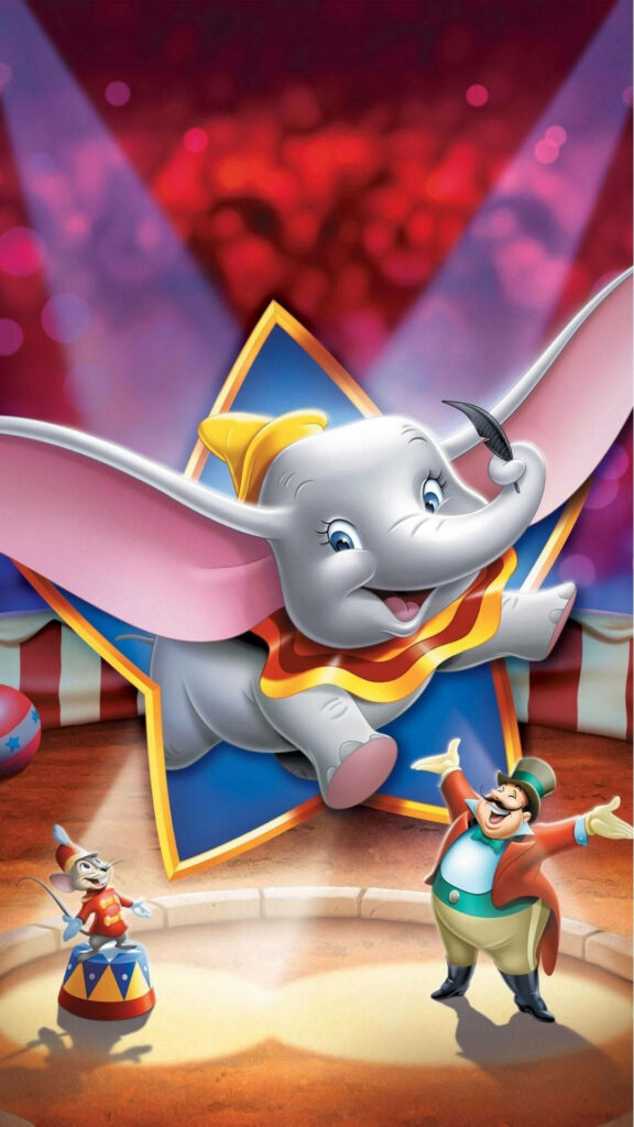 Dumbo flying through star ring with Timothy Q Mouse and Ringmaster in colorful circus scene wallpaper