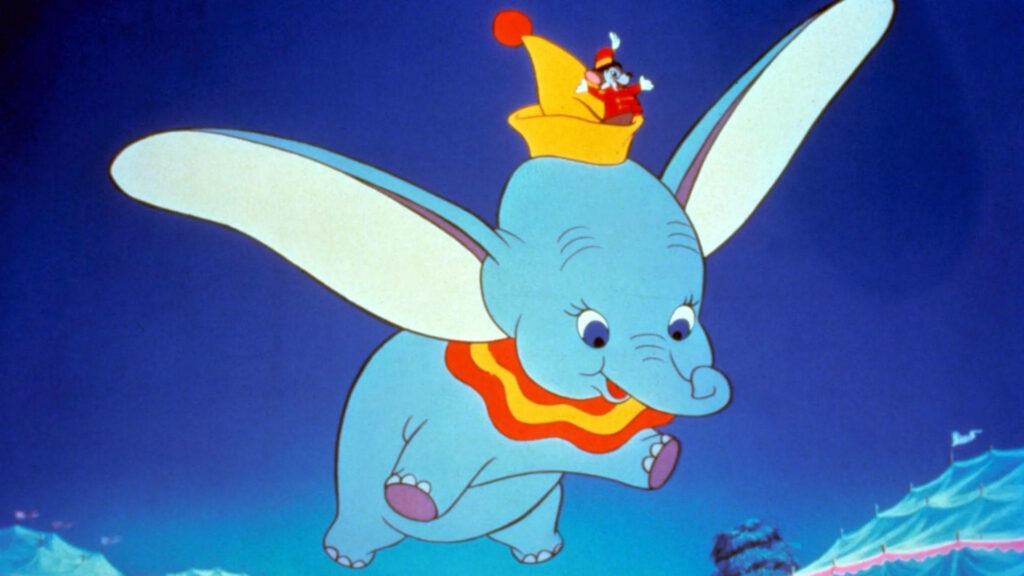 Dumbo flying at night with Timothy Q Mouse Disney wallpaper vibrant colors and classic style