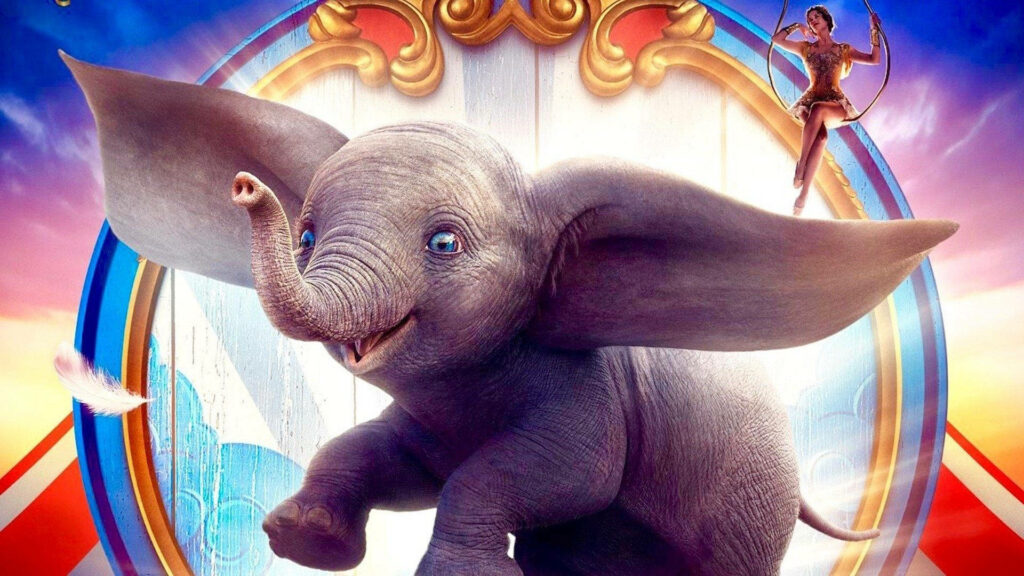 Dumbo smiling with large ears on vibrant circus wallpaper background with blue and gold accents