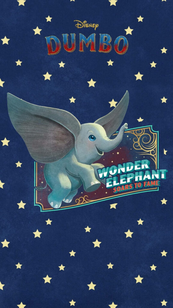 Dumbo the Wonder Elephant flying joyfully on deep blue starry vintage wallpaper background
