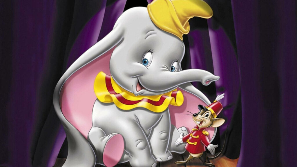 Dumbo and Timothy Q Mouse in colorful circus costumes on purple curtain background wallpaper