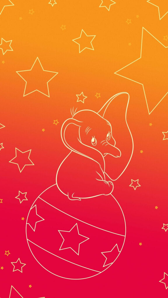 Dumbo outlined in white sitting on star circus ball with orange pink gradient and outlined stars Wallpaper