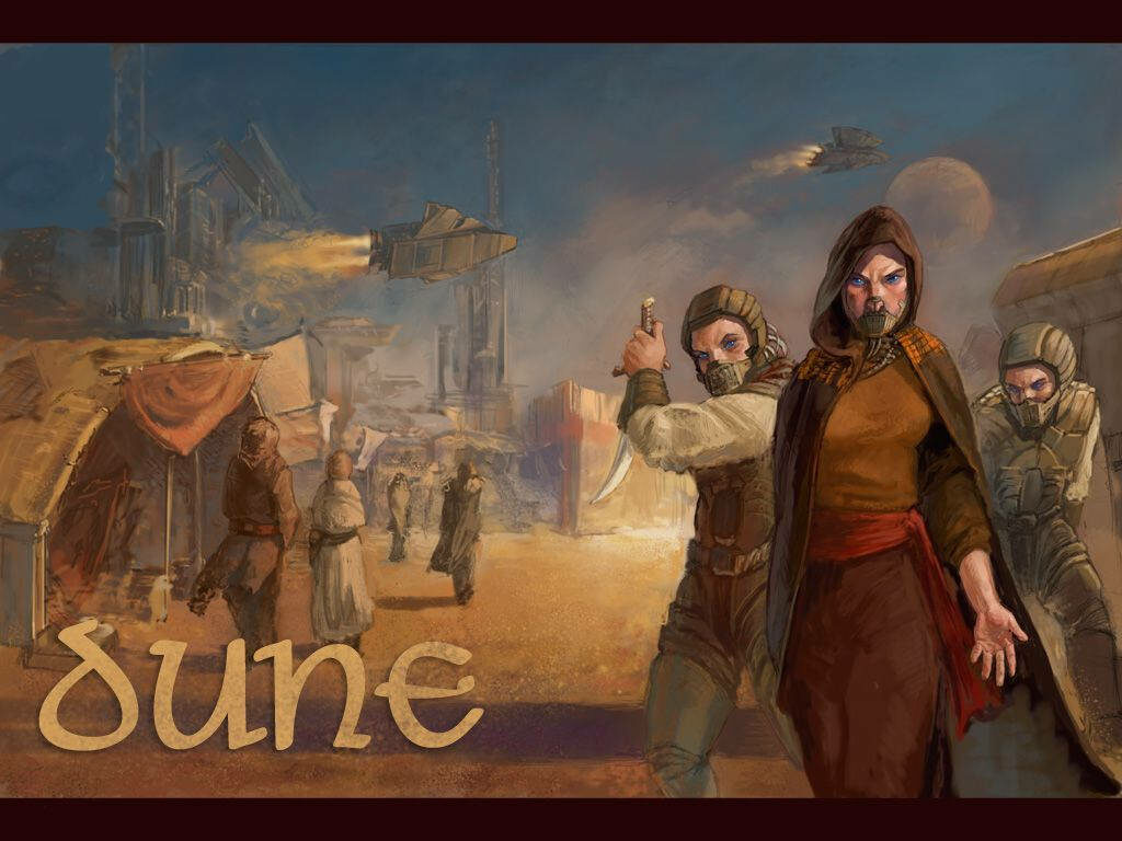 Dune-Inspired Cartoon Wallpaper: Futuristic Desert Scene