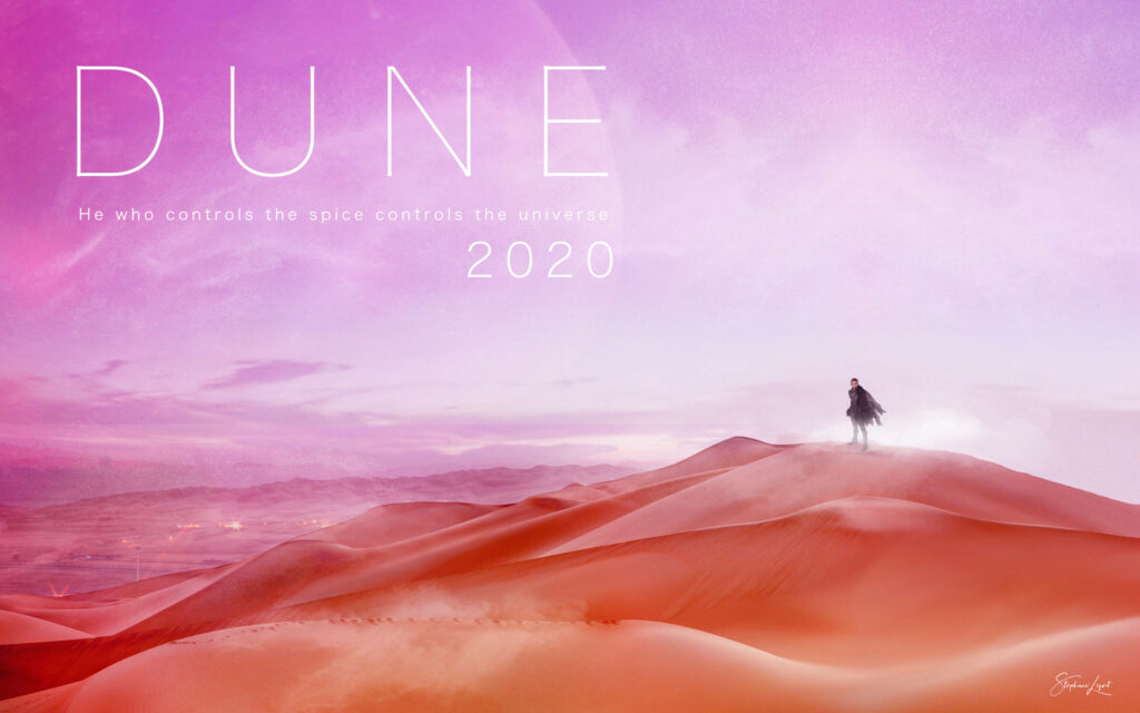 Incredible Sci-Fi Fan Art: Enigmatic Figure amidst Dune's Pink Sands and Skies Wallpaper
