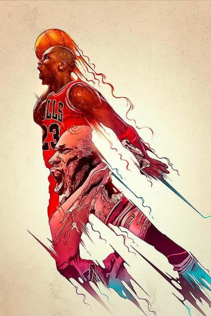 Dunking Brilliance: Michael Jordan's Majestic Basketball Art with Elusive Drip Effects Wallpaper
