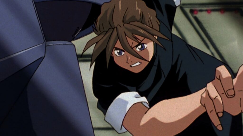 Duo Maxwell Gundam Wing dynamic action pose intense expression windswept hair anime wallpaper