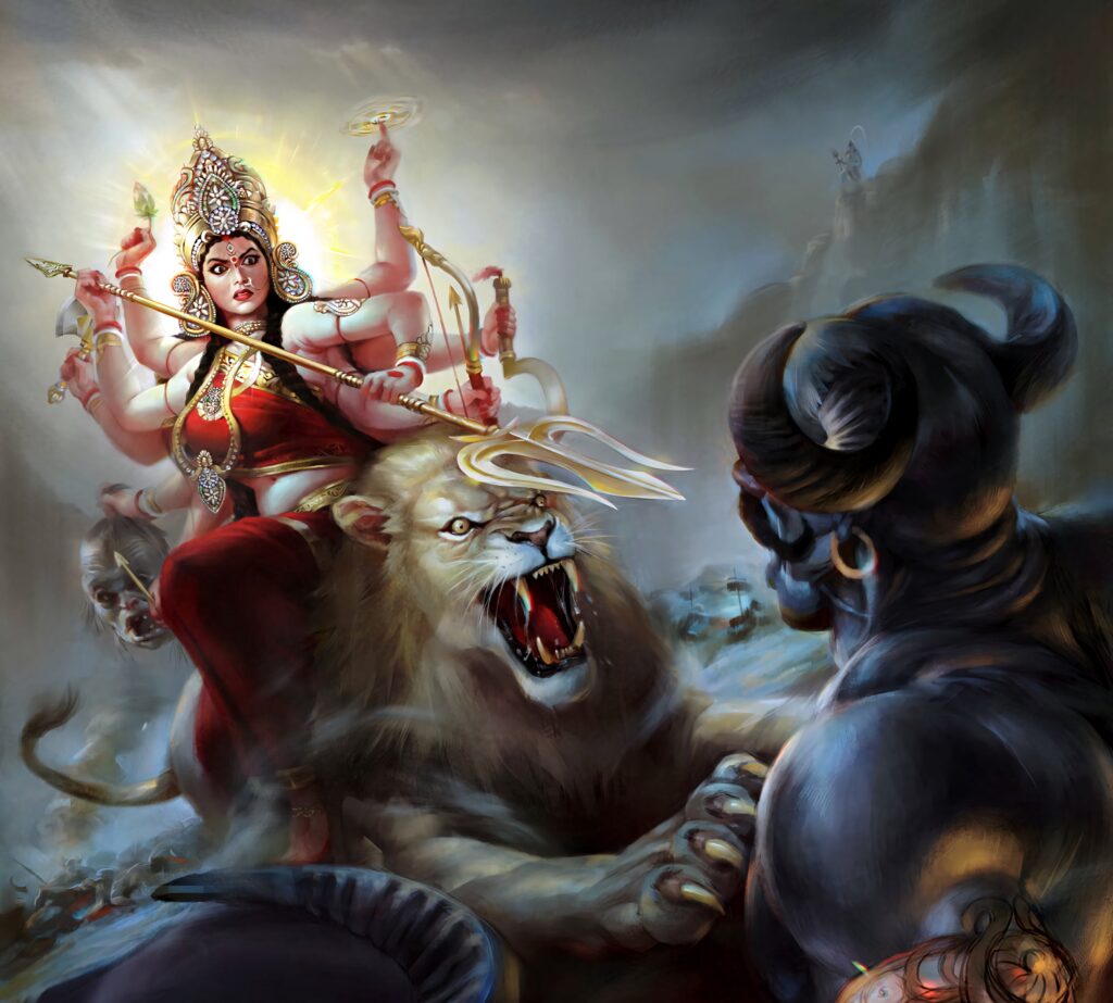 Durga Devi in radiant armor on lion defeating demon Mahishasura with vibrant divine power background Wallpaper