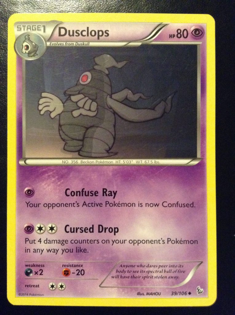 Dusclops 3D anime-style Pokémon card close-up ghost-type TCG yellow border wallpaper background