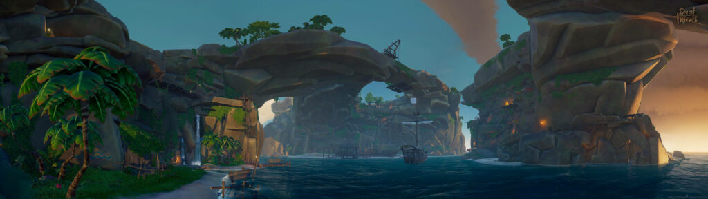 Dusk's Majestic Coastline: A Captivating Snapshot of Sea of Thieves' Coastal Rock Formations Wallpaper