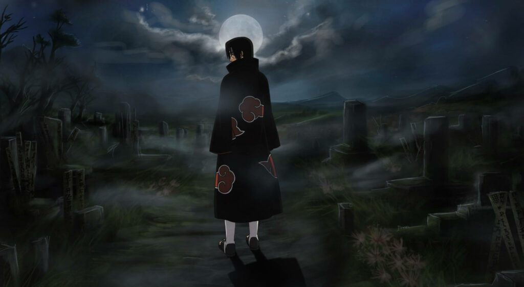 Midnight Serenade: Itachi, the Lone Rogue Ninja, Stands Vigil in the Moonlit Cemetery - A Captivating Dope Anime Background Wallpaper