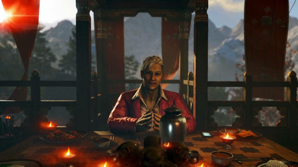 The Regal Pagan Min: A Captivating Far Cry 6 Wallpaper Immersed in Candle-lit Ambiance