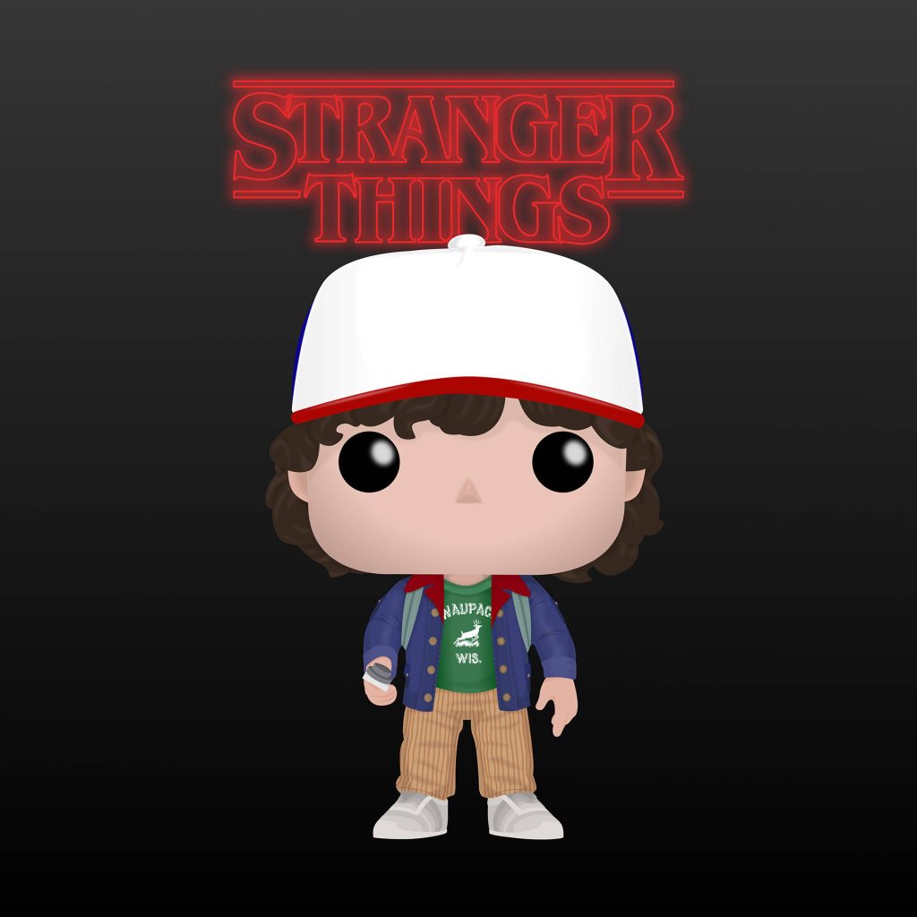Funko Pop Dustin Henderson Stranger Things digital art wallpaper with glowing red logo