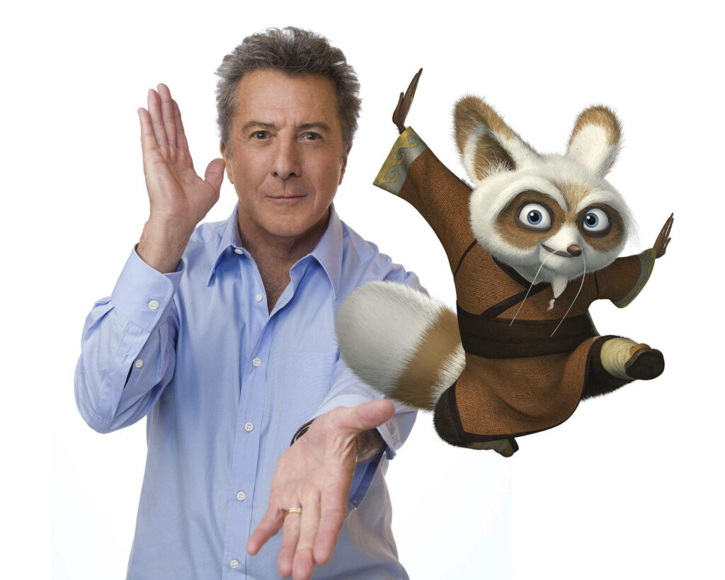 Dustin Hoffman with animated Master Shifu Kung Fu Panda vibrant wallpaper bright background