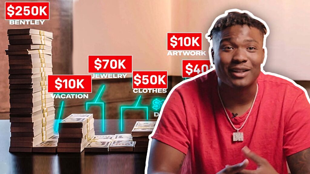 Dwayne Haskins budget breakdown wallpaper with cash stacks for luxury expenses and warm background