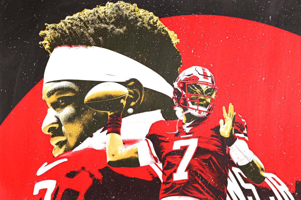 Dwayne Haskins vibrant football fan edit wallpaper with bold red black hues and dynamic poses