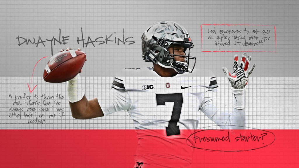 Dwayne Haskins Ohio State football action pose sketch style wallpaper with strategy grid background
