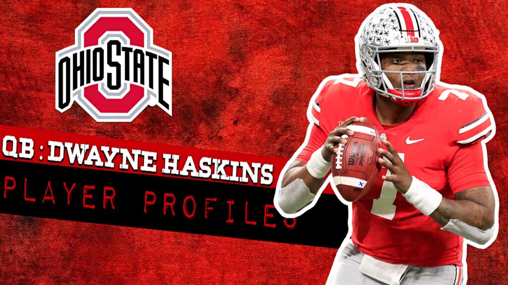 Dwayne Haskins Ohio State quarterback action wallpaper red black background logo profile text