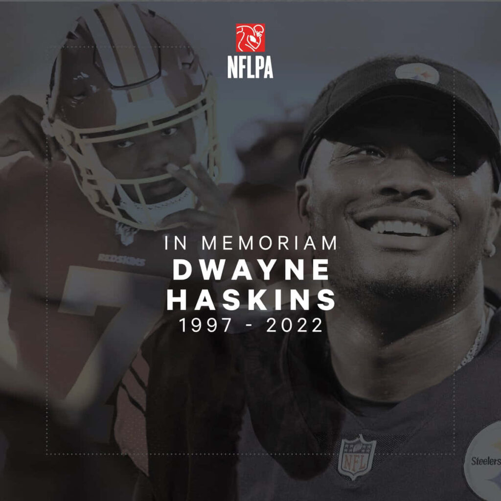Dwayne Haskins Washington Football Team quarterback tribute wallpaper in action and smiling