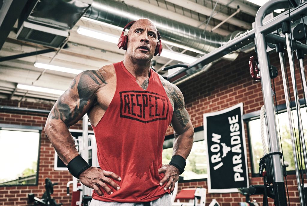 Dwayne The Rock Johnson intense gym pose in red RESPECT tank top fitness wallpaper background