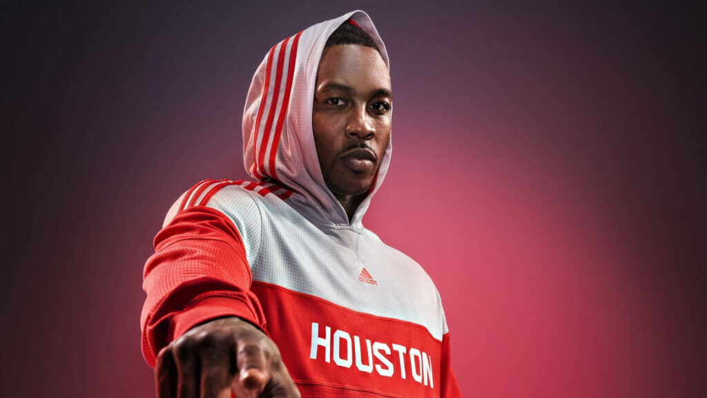 Dwight Howard in red white Houston hoodie NBA basketball HD wallpaper with moody lighting background