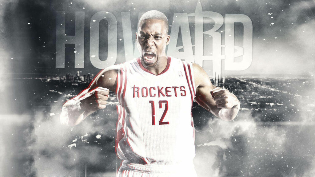 Dwight Howard in Houston Rockets jersey number 12 with misty cityscape and bold name background Wallpaper
