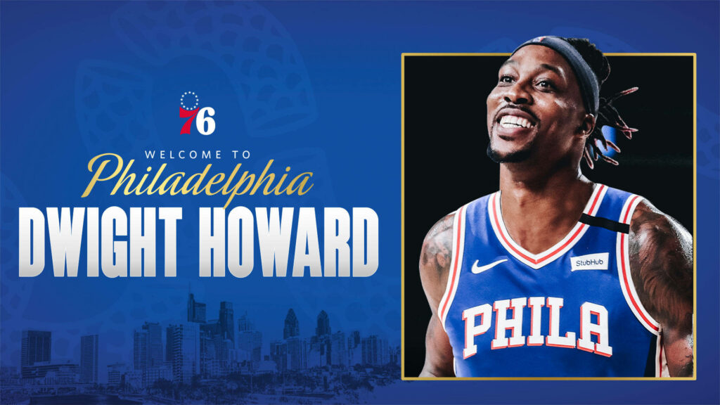 Dwight Howard in Philadelphia 76ers jersey smiling with Philly skyline and 76ers logo background Wallpaper