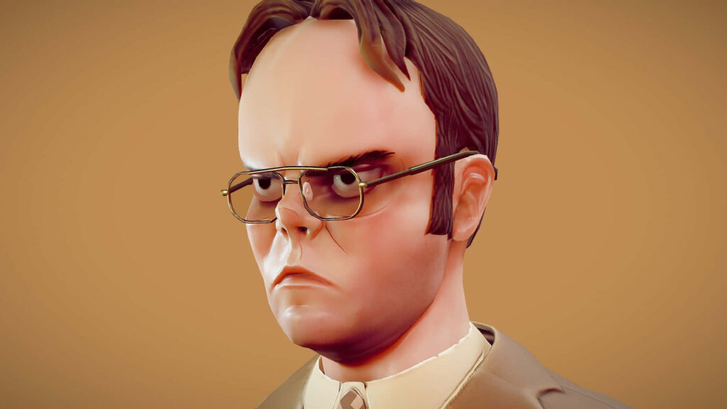 3D stylized Dwight Schrute from The Office with intense expression and signature glasses wallpaper
