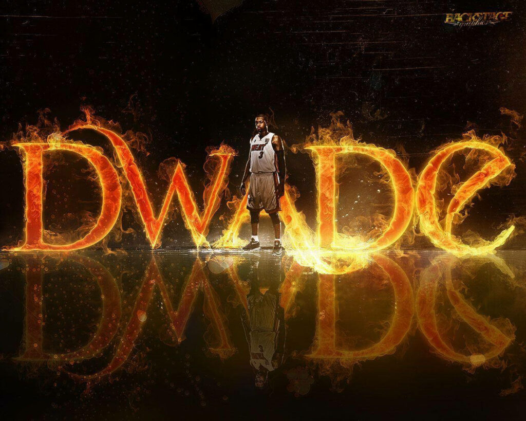 Dwyane Wade wallpaper with fiery digital text flames intense basketball legacy background