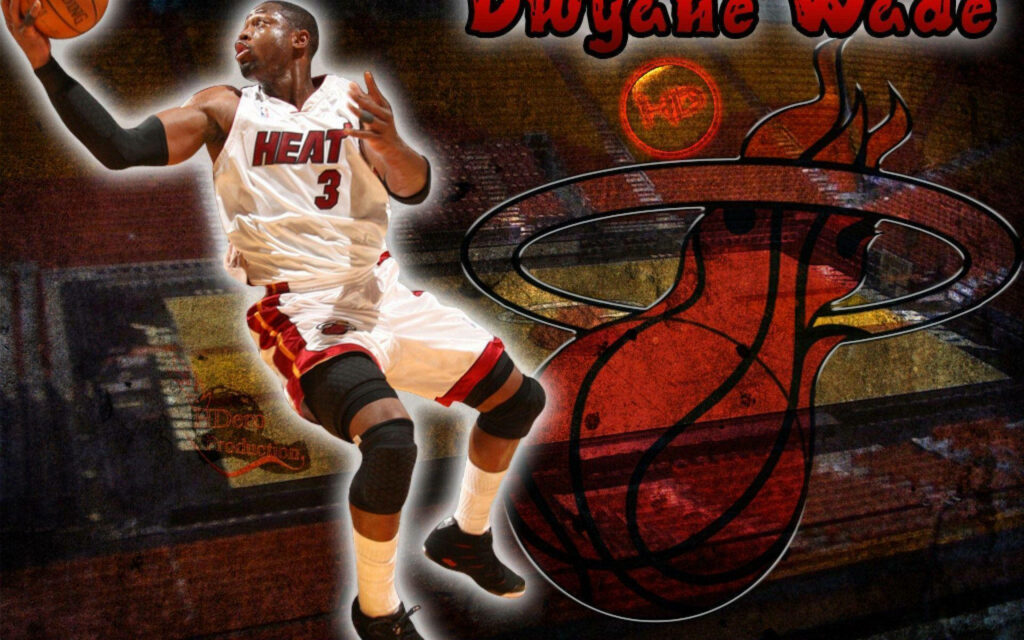 Dwyane Wade Miami Heat dunk dynamic wallpaper with vibrant red flaming basketball logo background