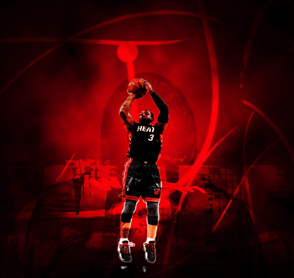 Dwyane Wade Miami Heat shooting three-point shot red black dynamic basketball wallpaper