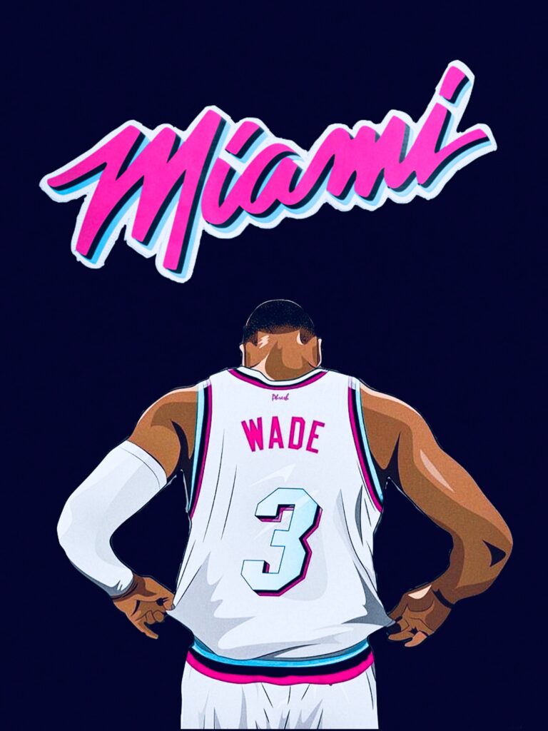 Dwyane Wade Miami Heat digital art wallpaper neon Miami script vibrant basketball culture background